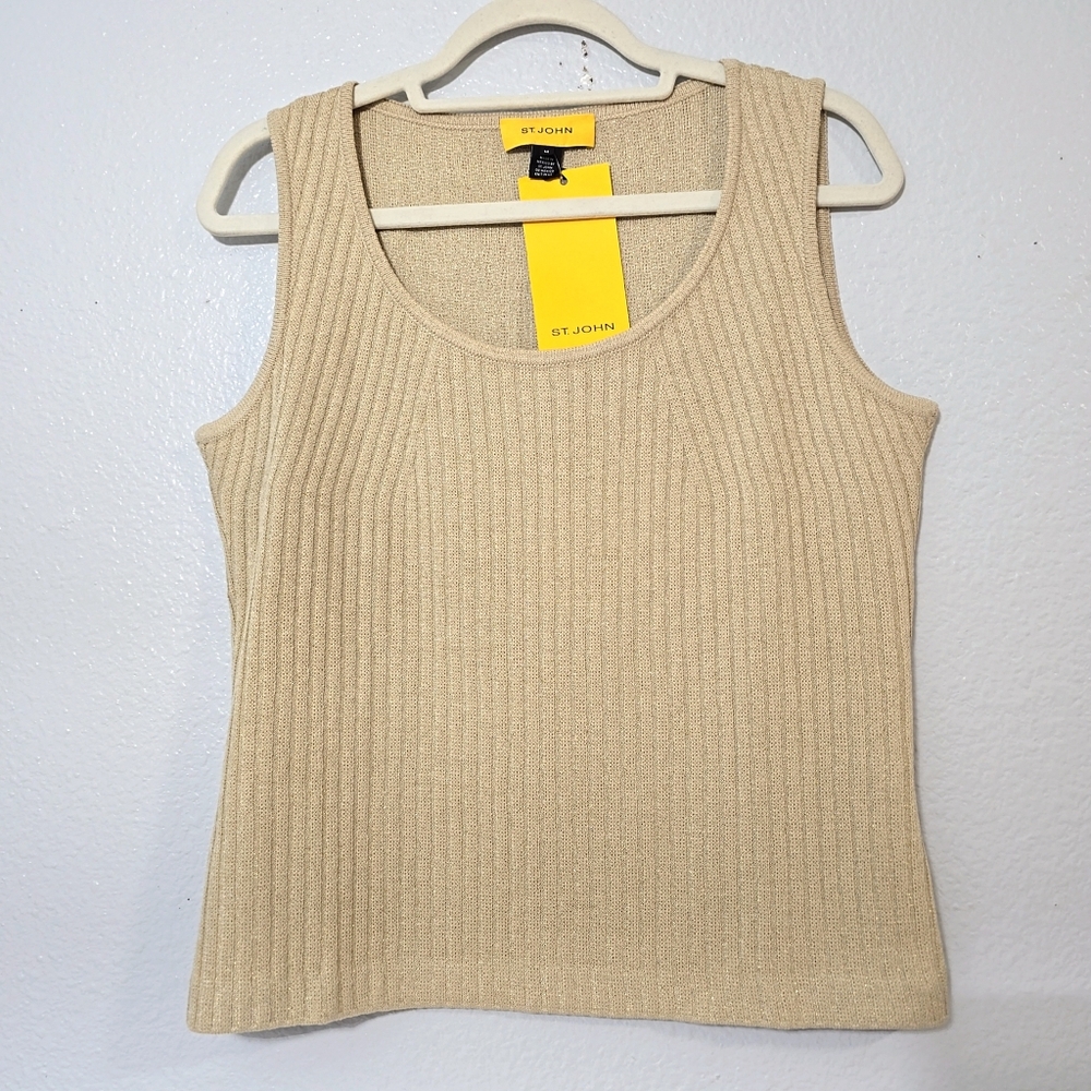 St. John Women's Chino Shimmer Ribbed Knit Tank Wool Blend Top Yellow Label Sz M
